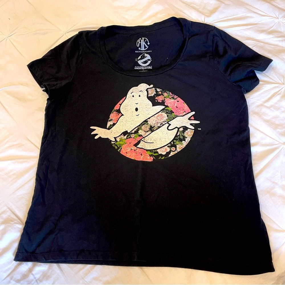 Recycled Karma Floral Ghost Busters Black Short Sleeve Top Size 1